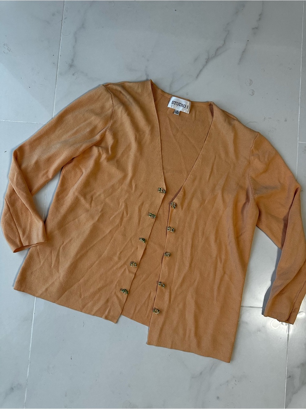 Studio I Peach Floral Button Cardigan Vintage Flower Orange Sweater Size 16